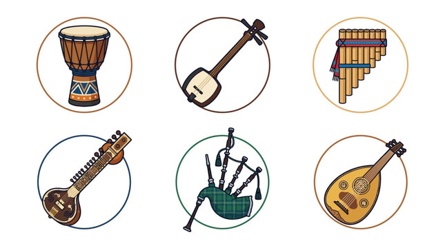 Flat vector icon set of traditional musical instruments from around the world including African djembe drum, Japanese shamisen and Andean pan flute isolated on solid white background