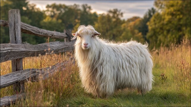 Gentle Angora goat standing in a green pasture with wooden fence