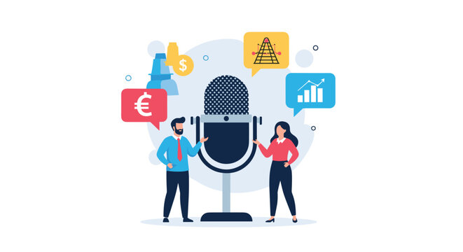 Male and female hosts recording a financial or business podcast featuring icons for currency, growth charts, and strategy.