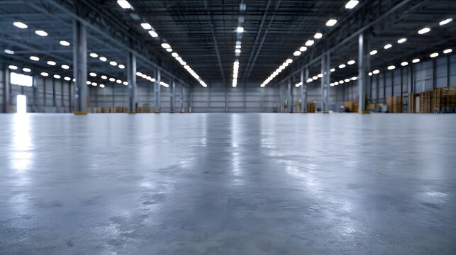 A wide shot captures the stark concrete floor and high industrial ceiling of an empty factory or warehouse bathed in bright overhead lighting