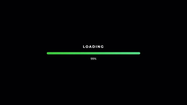 Green progress indicator with digital glitch and noise distortions on black background, futuristic computer loading animation 4k video
