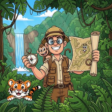 Cartoon explorer with monkey and tiger.