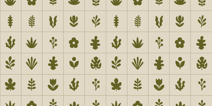 Soft Pastel Botanical Seamless Pattern Light Beige Background Green Plant Leaves Flowers Organic Minimal Nature Inspired Design Textile Surface