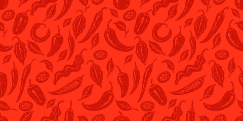 Monochrome chili pepper seamless pattern featuring assorted pepper silhouettes and botanical leaves, ideal for textiles, packaging, wrapping paper, kitchen decor, and food themed designs. © natrot