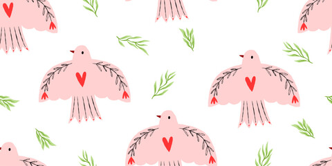 Naklejka premium Lovely pink peace bird seamless pattern with green leaves hand drawn texture for baby shower nursery wallpaper wedding textile and valentines day backdrop