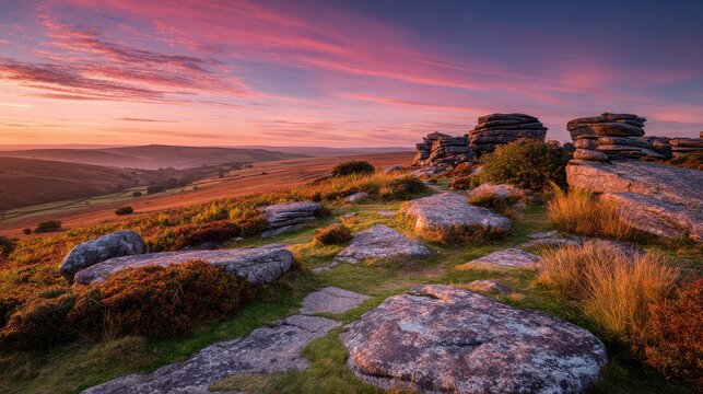Dartmoor sunset from Sourton Tor: warm light across heathered moorland and silhouette tors