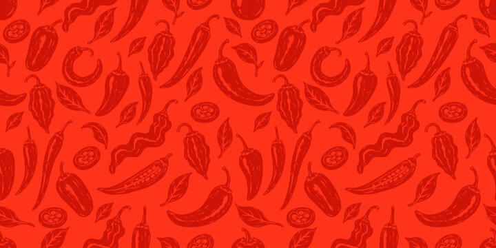 Monochrome chili pepper seamless pattern featuring assorted pepper silhouettes and botanical leaves, ideal for textiles, packaging, wrapping paper, kitchen decor, and food themed designs.