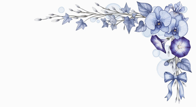 Watercolor floral corner design with blue orchids and morning glories on white background