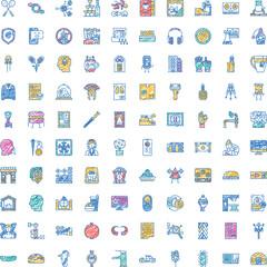 Fototapeta premium Collection of colorful doodle style icons depicting everyday objects, activities and concepts for web, app and ui projectsplayful hand drawn vector set for versatile design use