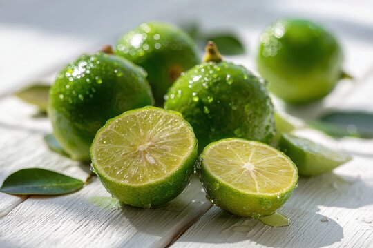 Fresh Spanish lime fruit still life on rustic wooden surface in natural daylight
