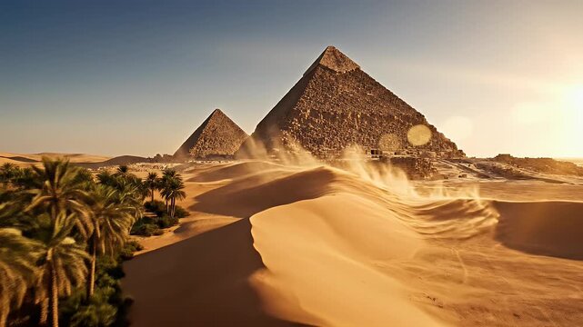 Ancient pyramids rise from sandy dunes, framed by palm trees and an oasis