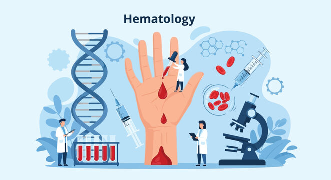 Hematology blood test with doctors and medical equipment for laboratory analysis of red blood cells, DNA strand, and syringe.