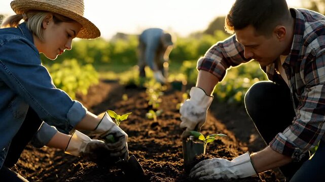 Farmers plant seedlings in soil field during sunset cultivation. Man and woman plant crops in farm soil. Farmers work planting seedlings at sunset. Agricultural planting in field with farmers.