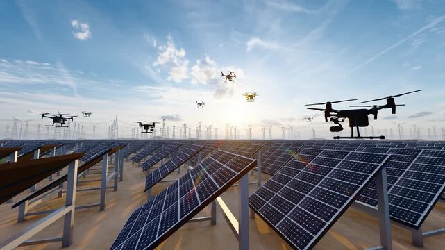 Drones inspect photovoltaic power stations in new energy power grids(3D software Lumion makes non-AI)
