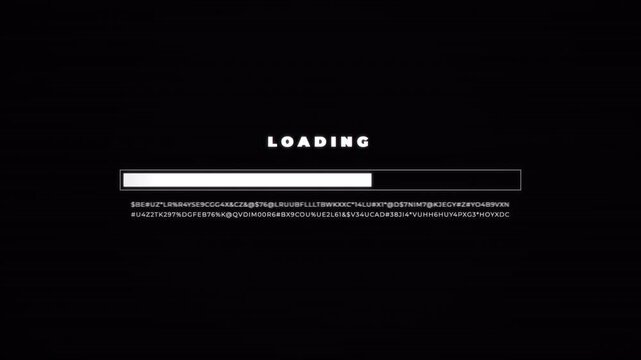 Digital system loading progress bar with glitch distortions and scrolling code, cyberpunk interface 4k video