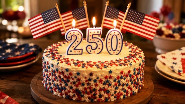 A decorated cake with red, white, and blue frosting, topped with candles reading "250" and small American flags, celebrating a patriotic event.