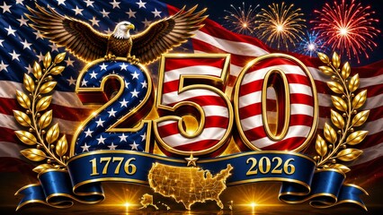 Obraz premium A vibrant graphic celebrating the 250th anniversary of the United States, featuring an eagle, fireworks, and iconic elements of American patriotism.