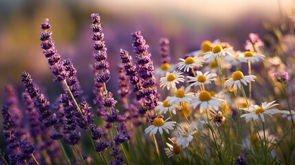 Obraz premium Close-up of lavender and chamomile blossoms with soft background