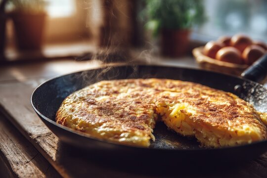 Close-up photograph of traditional Spanish potato omelette cooking in a pan with warm natural light