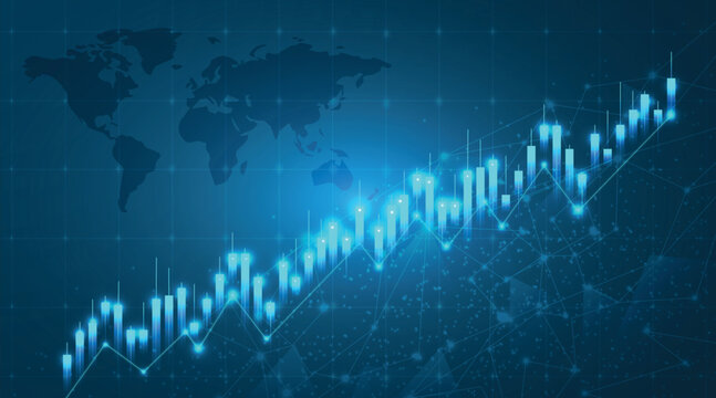 Global business growth chart, blue financial data visualization, world map background, upward trend graph, digital stock market analysis vector
