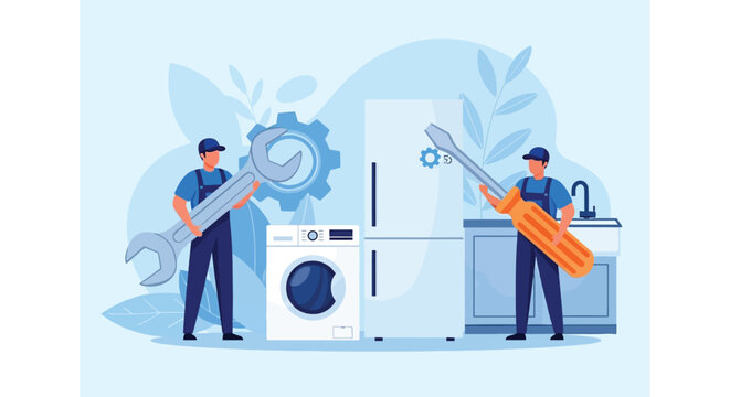 Repair service professional workers fixing home appliances including washing machine and refrigerator with oversized tools for maintenance concept graphic.