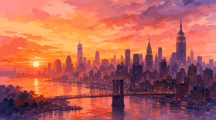 Obraz premium Vibrant sunset painting of the New York City skyline with the Empire State Building and Brooklyn Bridge.