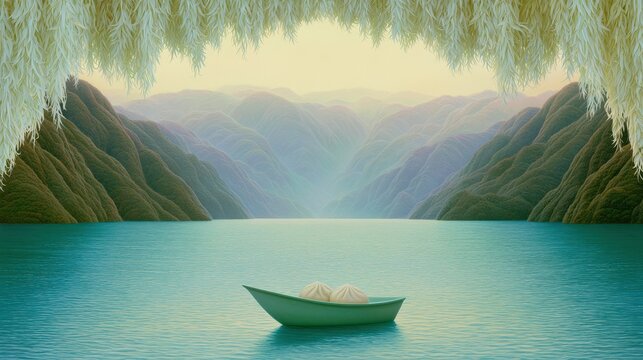 small wooden boat carrying two baozi dumplings floating on  calm serene lake near hazy mountains