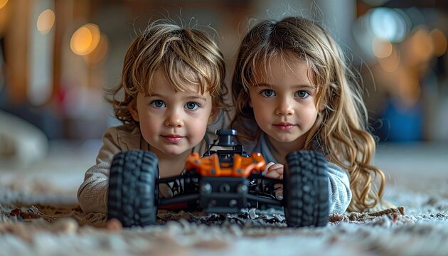Twin siblings bond over an exciting remote control car adventure indoors