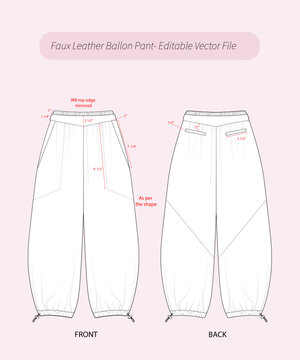 Faux Leather Balloon Pants Technical Flat Sketch with Measurement Details &ndash; Editable Fashion CAD Vector