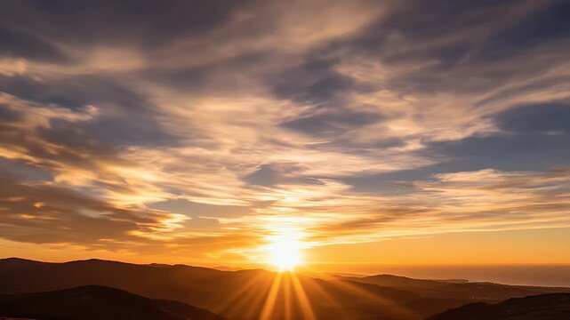 Golden sun rays burst through fiery clouds over silhouetted mountain ridges and ocean