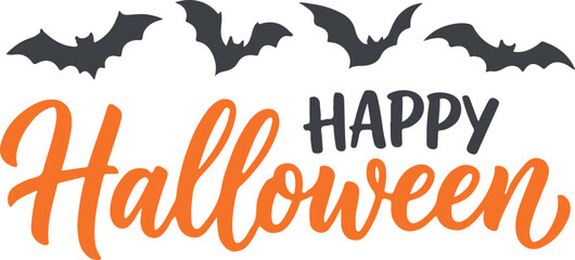 Happy Halloween calligraphy script typography design with bats, orange cursive lettering quote for spooky holiday t-shirt print, festive word art vector on white © aysha
