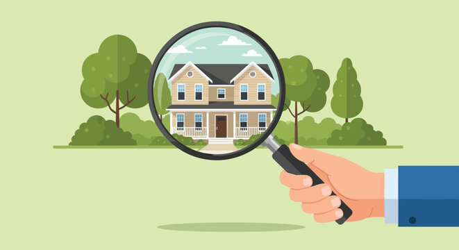 Hand holding magnifying glass focusing on large house illustration surrounded by green trees on light background representing real estate market analysis.