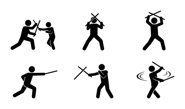 Martial Arts Stick Fighting Icons, Combat Training Poses, Dynamic Action Figures