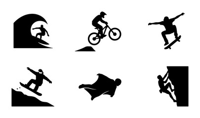 Extreme Sports Icons: Surfing, Biking, Skateboarding, Snowboarding, Wingsuit, Climbing © Asadul