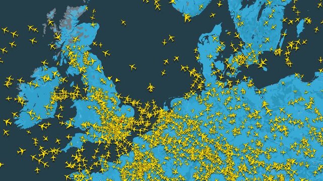 Live air traffic visualization over Europe with dense flight activity, aviation monitoring displaying aircraft distribution across airspace