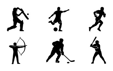 Fototapeta premium Sports Silhouettes: Cricket, Soccer, Running, Archery, Hockey, Baseball Icons