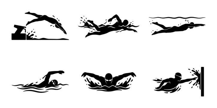 Swimming Silhouettes: Dive, Freestyle, Butterfly, Backstroke, Race