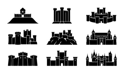 Medieval Castle Icons Set, Fortress Building Silhouettes, Royal Palace Vector Collection © Karim