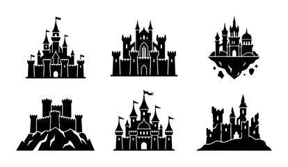 Fantasy Castle Icons, Medieval Fortress Silhouettes, Royal Palace Vector Set © Mahmudur