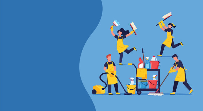 Cleaning service team in yellow aprons working together with vacuum cleaner and mop against blue background with copy space in vibrant flat vector design.