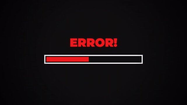 Glitched digital loading bar animation transitioning to a system error, cyberpunk computer distortion on black 4k video