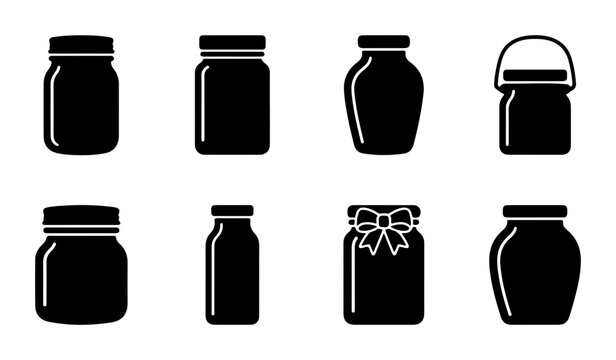 Glass Jar Icons Set, Food Storage Containers, Preserve Bottles Collection