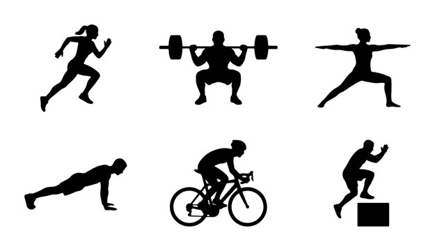Fitness Silhouettes: Running, Weightlifting, Yoga, Exercise, Cycling, Jumping