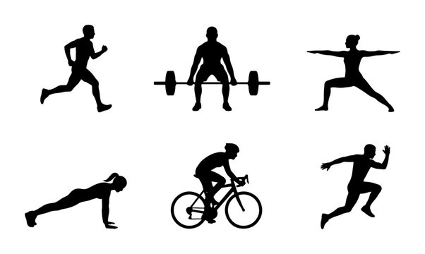 Fitness Silhouettes: Running, Weightlifting, Yoga, Plank, Cycling, Sprinting