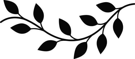 A black silhouette of a curved plant branch with simple oval leaves extending from a central stem isolated on a plain white background in a minimalist style © Chayan