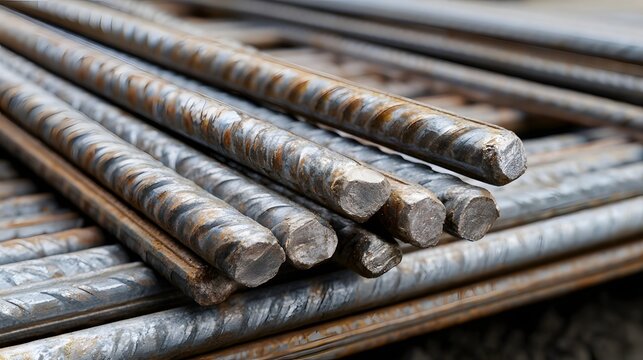A close up view of numerous parallel steel reinforcement bars creating an industrial texture