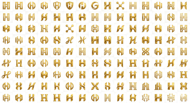 Extensive golden letter H monogram collection poster displaying hundreds of abstract corporate logo concepts, from shields and circles to geometric and script forms, providing rich resource for luxury