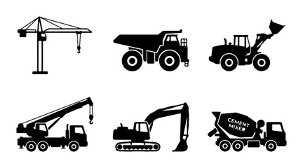 Construction Vehicle Icons: Crane, Dump Truck, Loader, Excavator, Mixer © Tanveer
