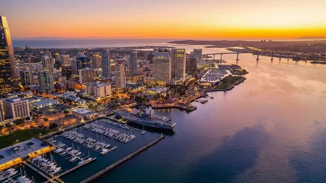 san diego seaport at sunset aerial shot dolly out