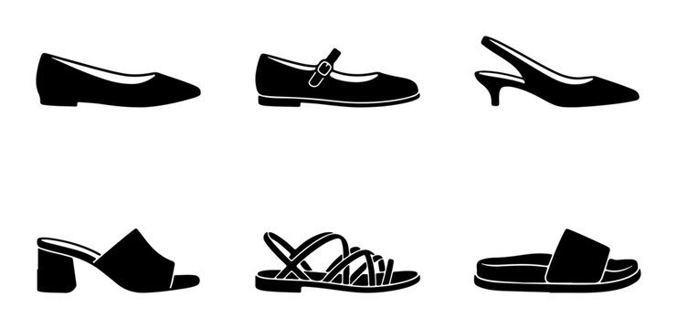 Black Shoe Icons Collection: Flats, Heels, Sandals, Mules, Slingbacks